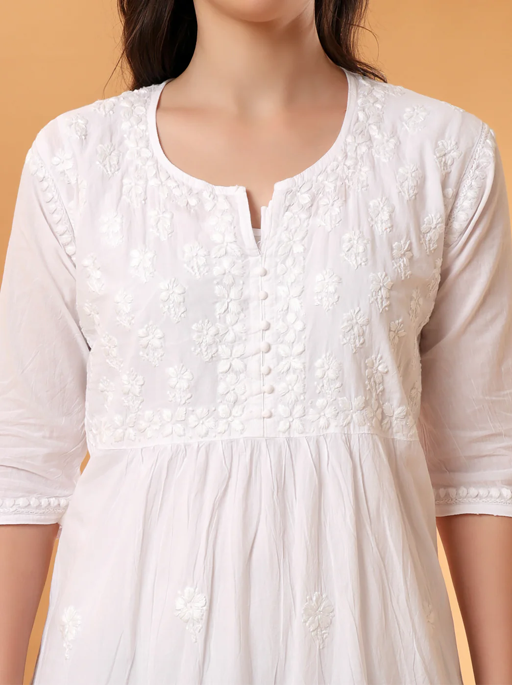 White Bhavya Cotton Chikankari A-Line Kurti - Image 2
