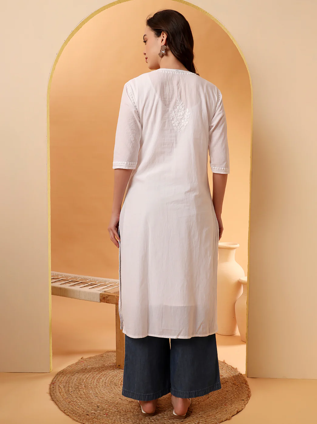 White Bhavya Cotton Chikankari A-Line Kurti - Image 3