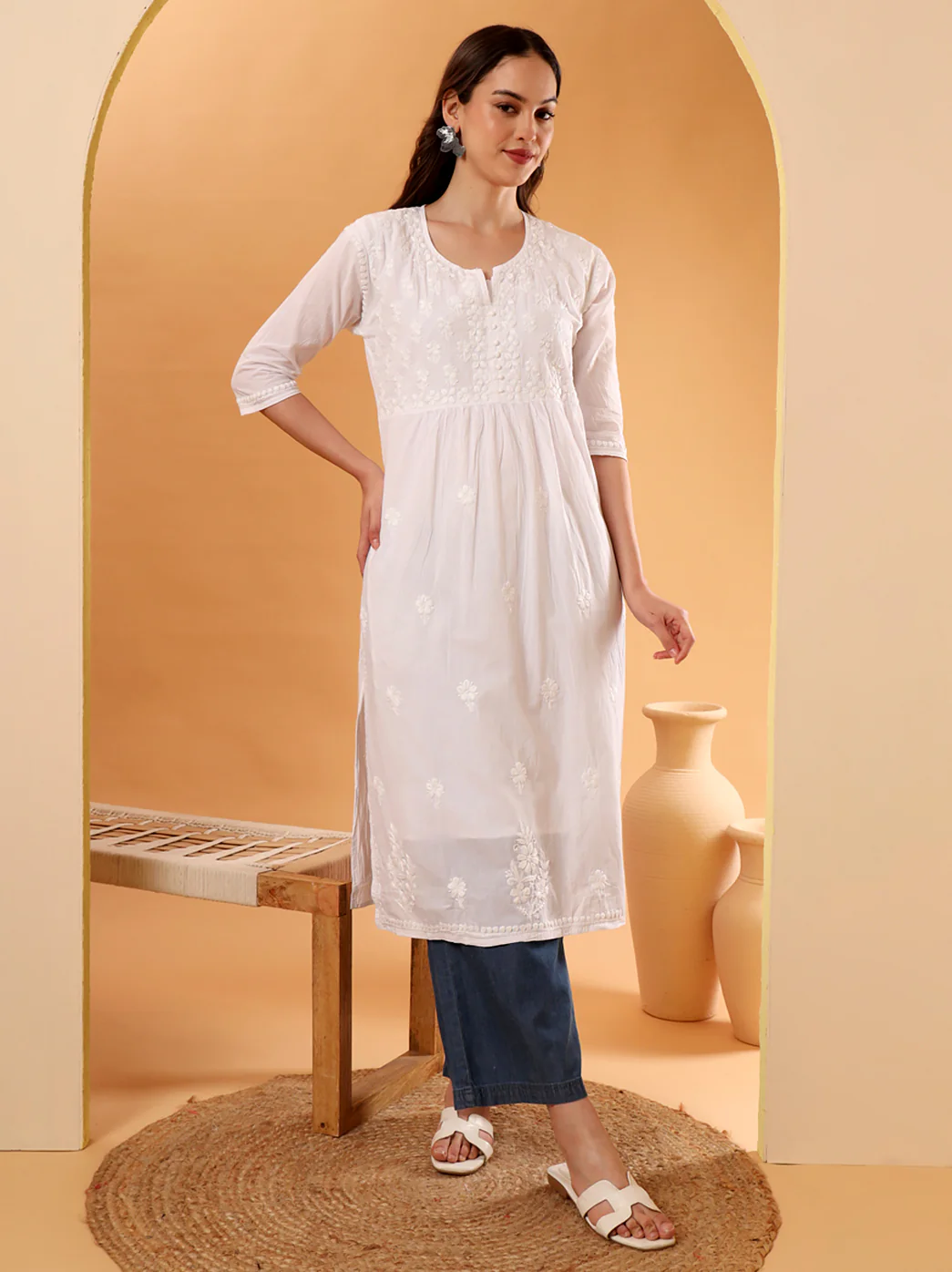 White Bhavya Cotton Chikankari A-Line Kurti - Image 4