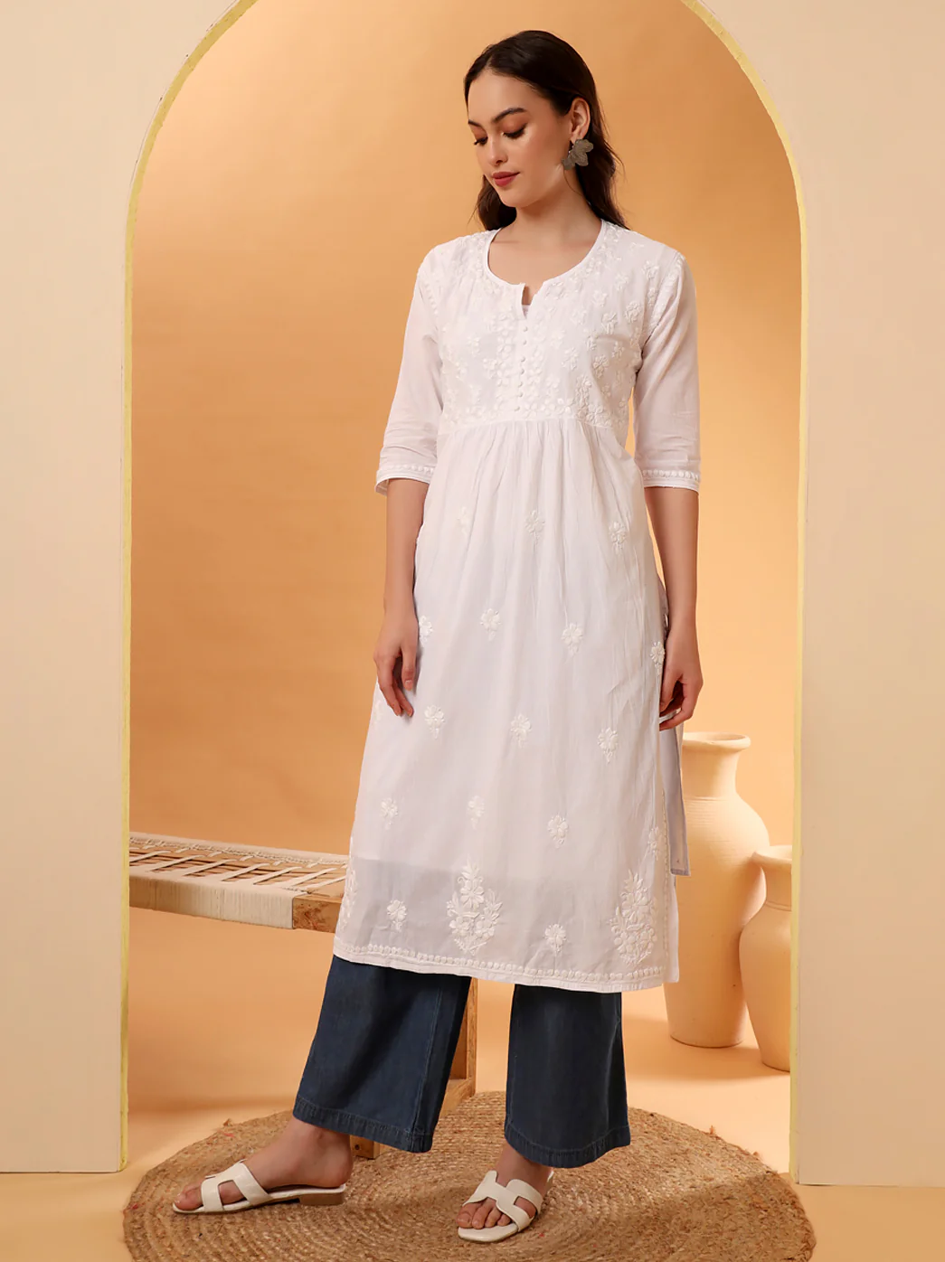 White Bhavya Cotton Chikankari A-Line Kurti - Image 5