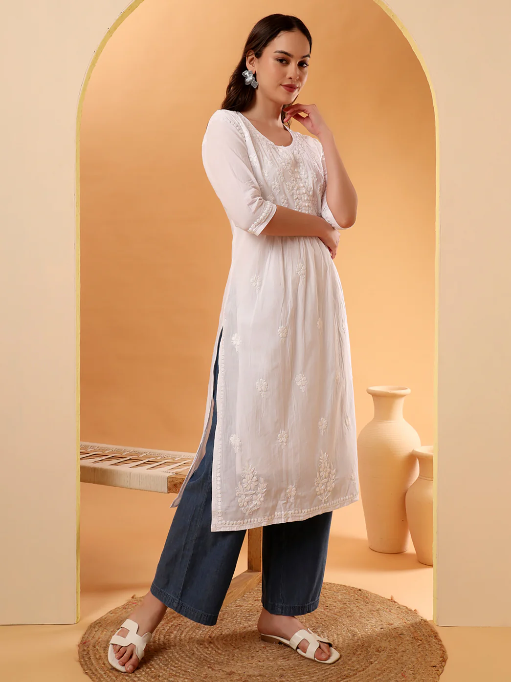 White Bhavya Cotton Chikankari A-Line Kurti - Image 6