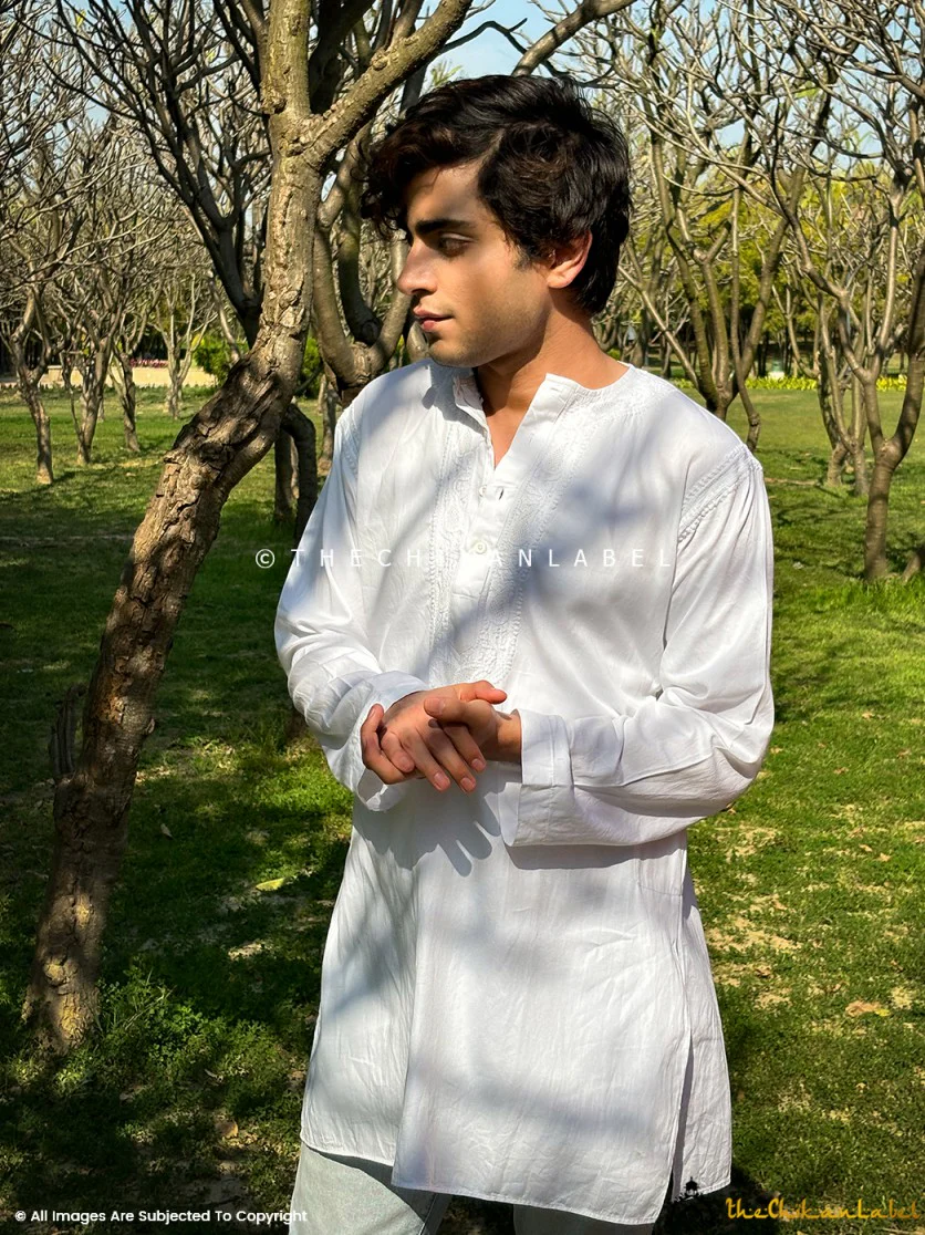 White Cotton Chikankari Men's Kurta - Image 3