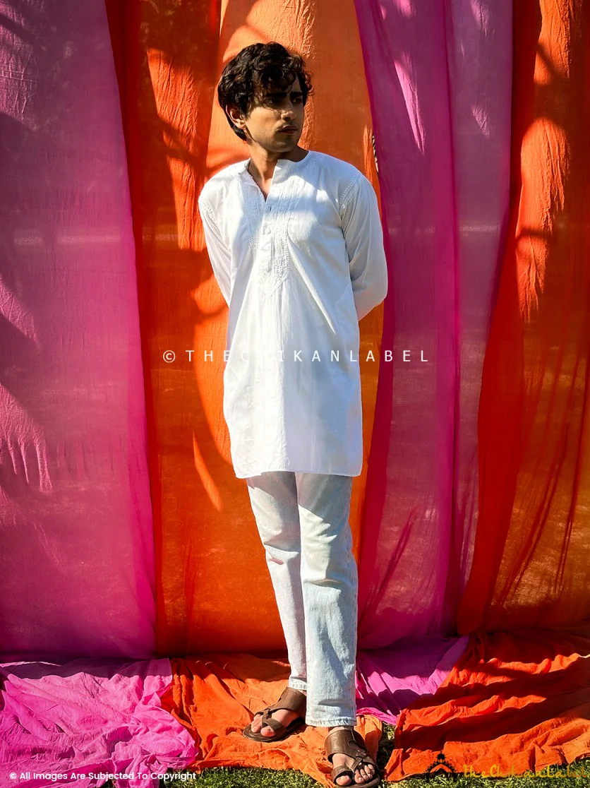 White Cotton Chikankari Men's Kurta - Image 4