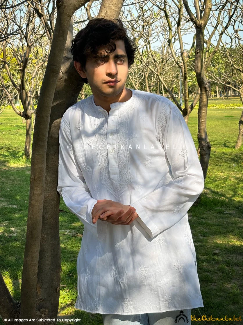 White Cotton Chikankari Men's Kurta - Image 4