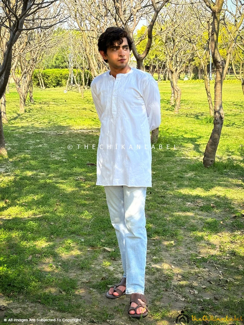 White Cotton Chikankari Men's Kurta - Image 5