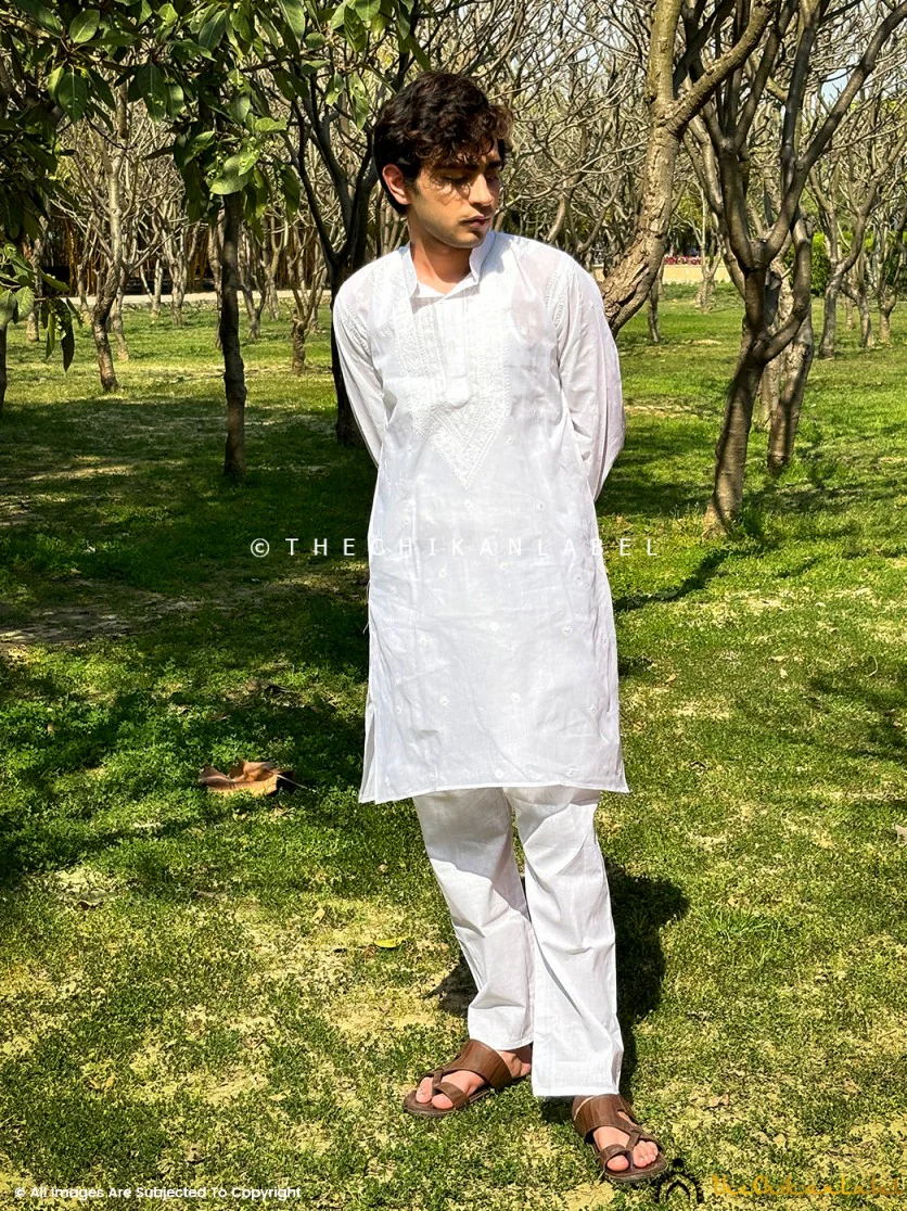 White Cotton Chikankari Men's Kurta - Image 4