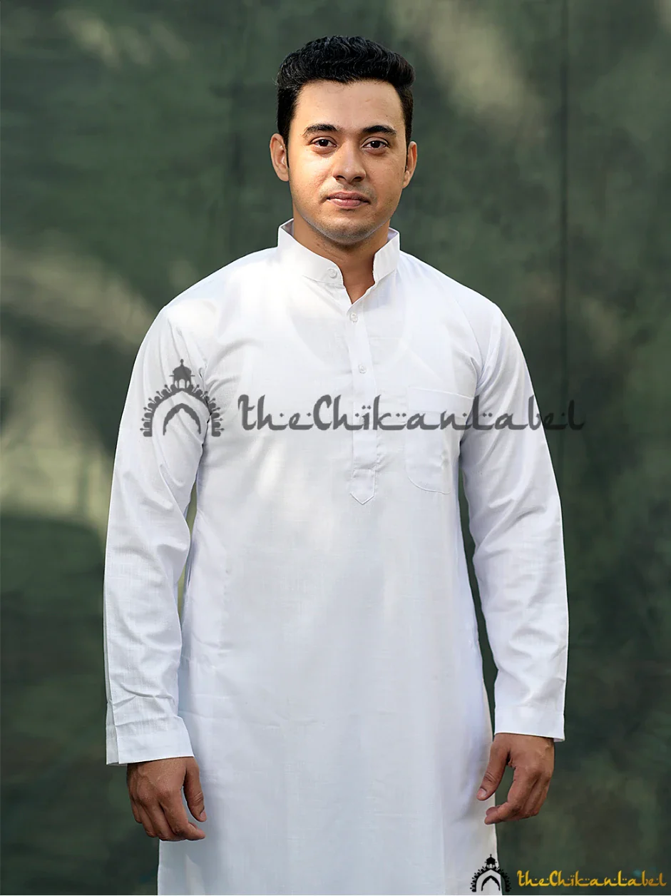 White Cotton Mens Kurta Lucknawi Chikankari Handmade - Image 3