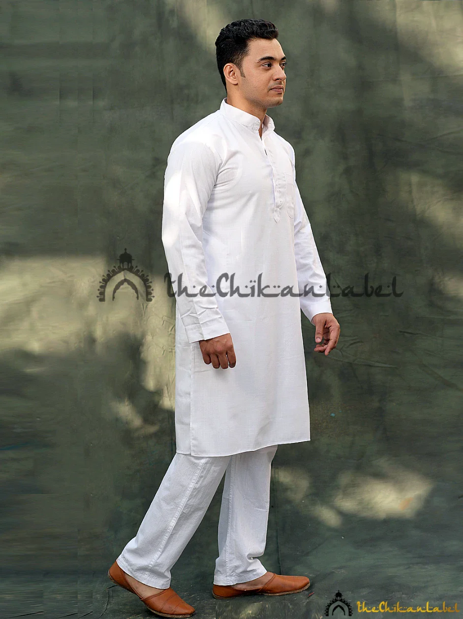White Cotton Mens Kurta Lucknawi Chikankari Handmade - Image 4