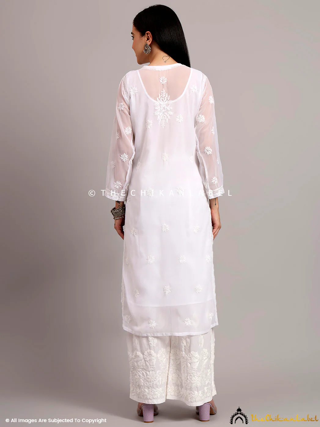 Darshana Georgette Chikankari Straight Kurti with Inner - White - Image 3