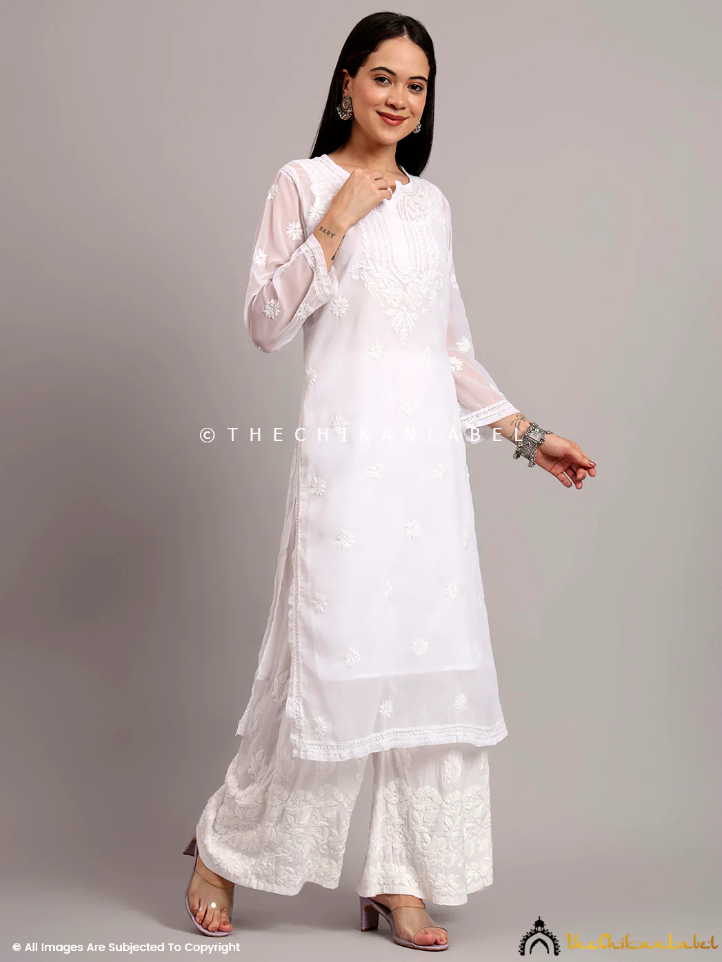 Darshana Georgette Chikankari Straight Kurti with Inner - White - Image 4