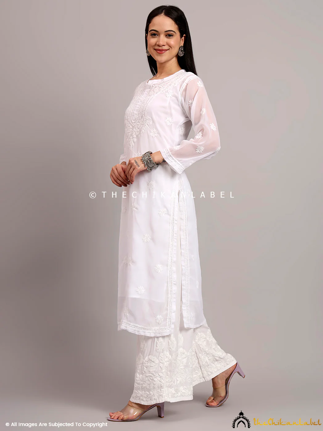Darshana Georgette Chikankari Straight Kurti with Inner - White - Image 5