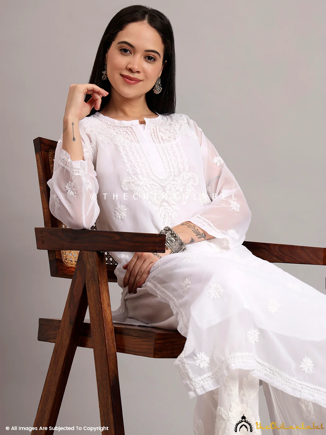 Darshana Georgette Chikankari Straight Kurti with Inner - White - Image 6