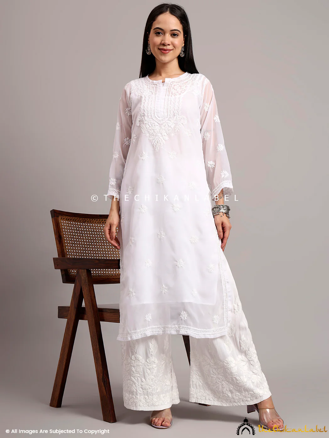 Darshana Georgette Chikankari Straight Kurti with Inner - White - Image 7