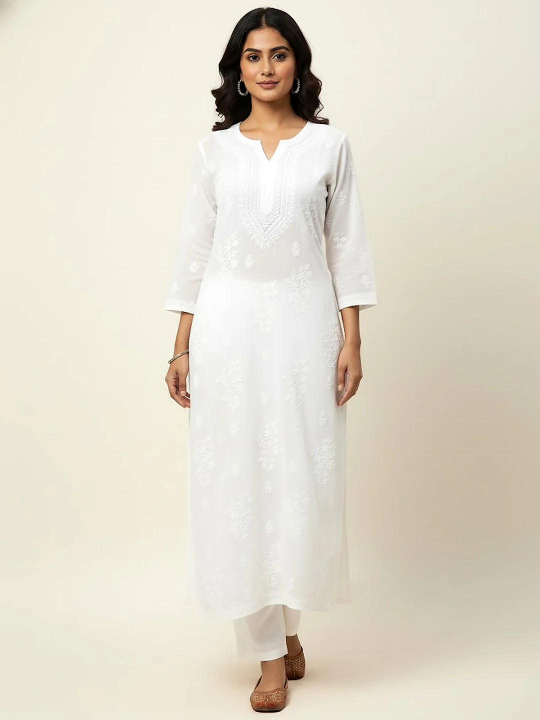 White Disha Patani Viscose Chikankari Straight Kurti - Image 2