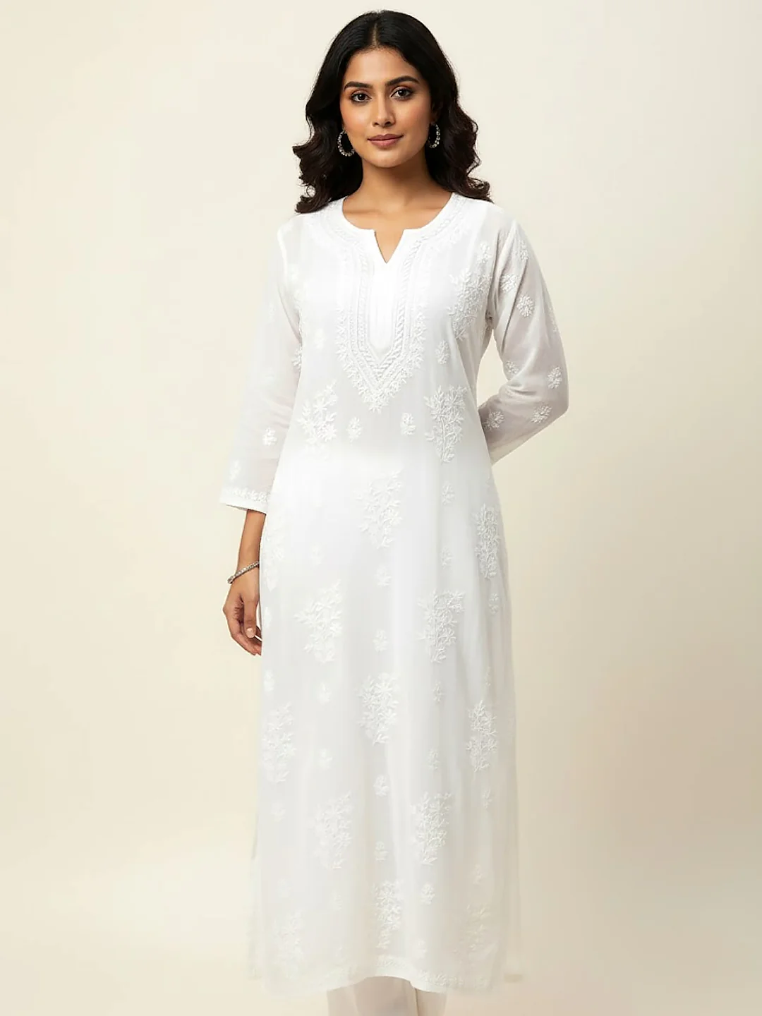 White Disha Patani Viscose Chikankari Straight Kurti - Image 3