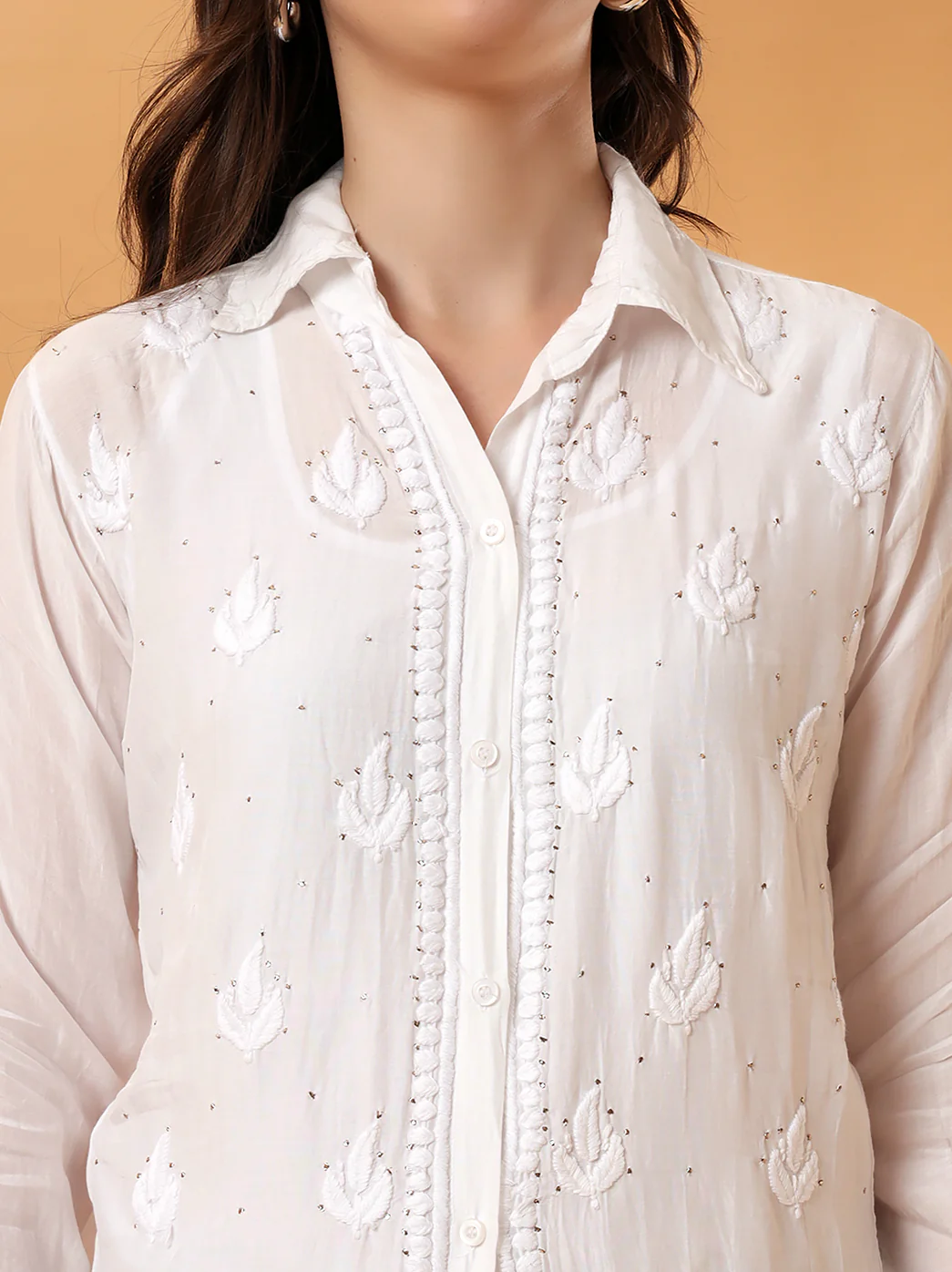 White Divisha Muslin Emblished Chikankari Shirt - Image 2