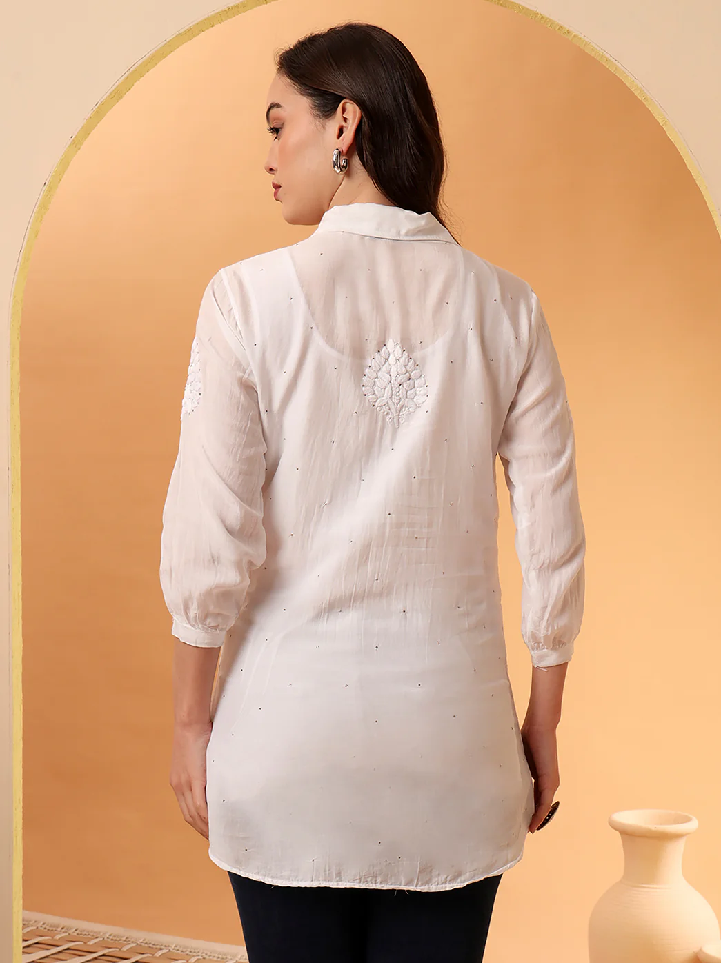 White Divisha Muslin Emblished Chikankari Shirt - Image 3