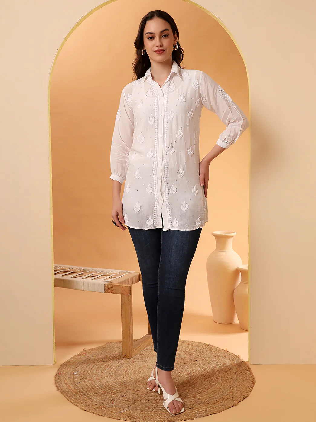 White Divisha Muslin Emblished Chikankari Shirt - Image 4