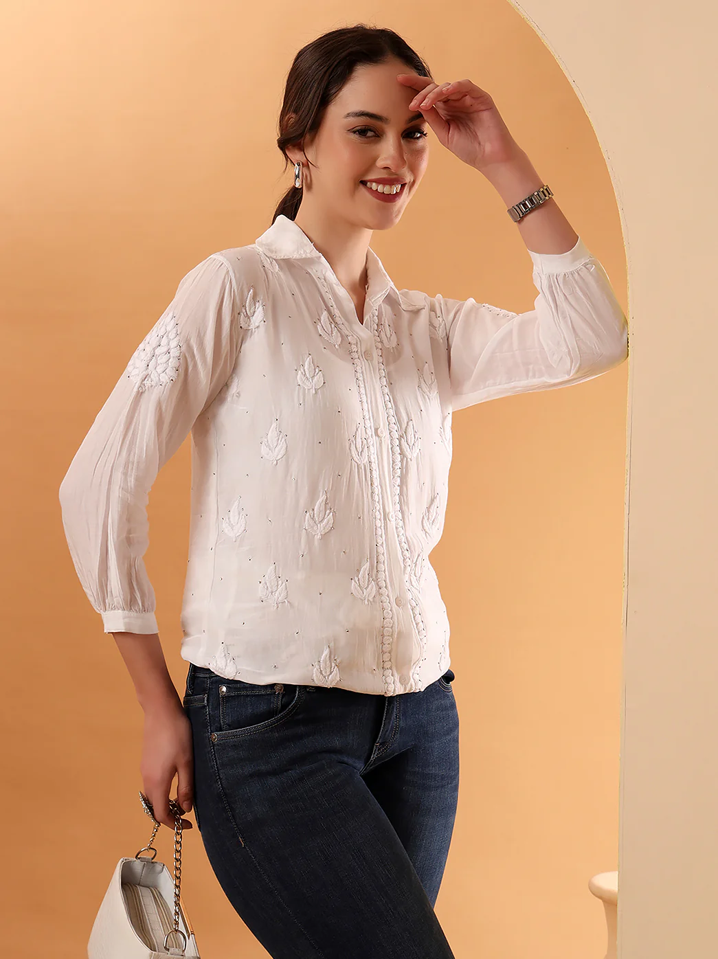 White Divisha Muslin Emblished Chikankari Shirt - Image 7