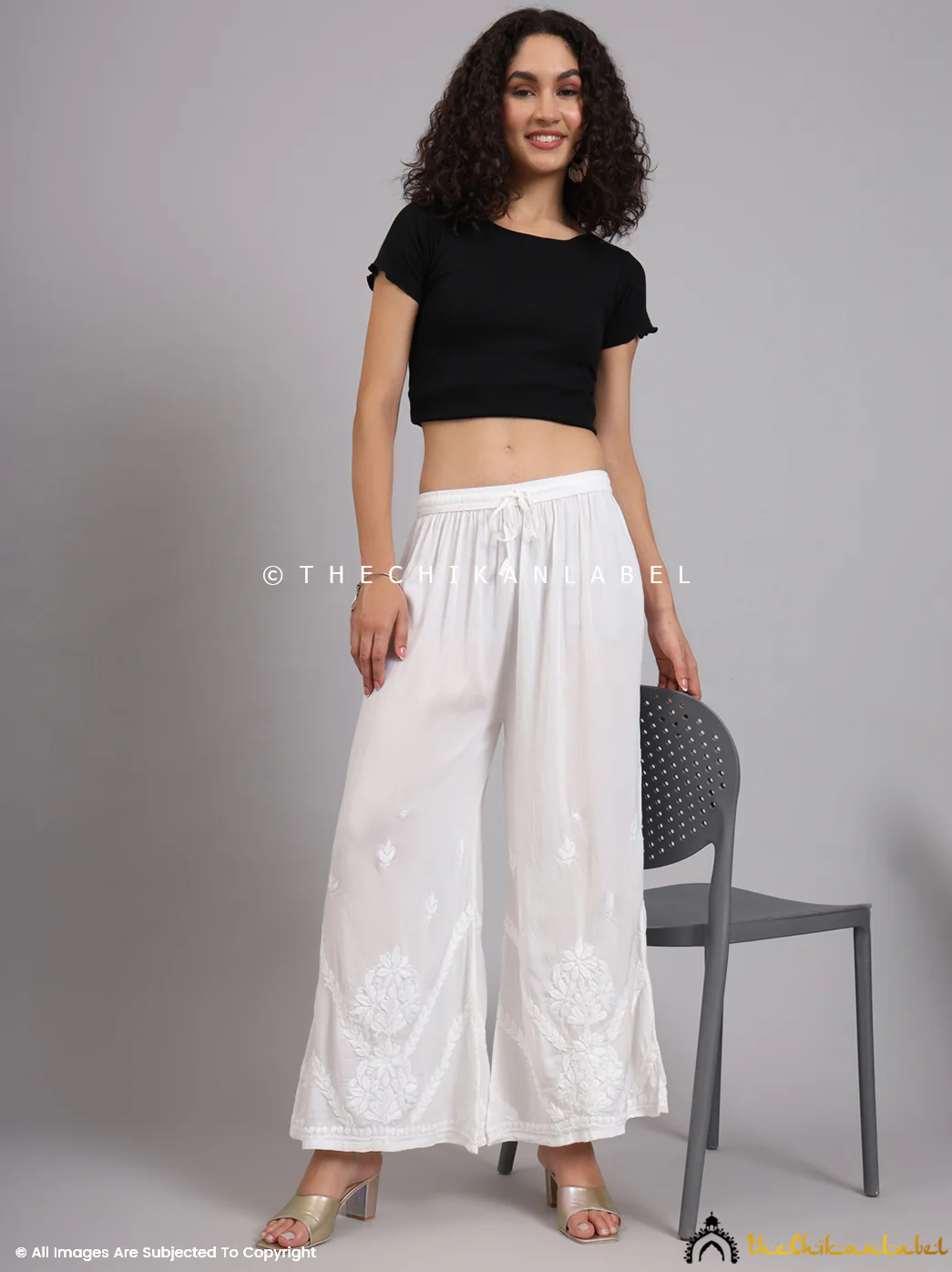 Ena Modal Chikankari Straight Palazzo - White - Image 2