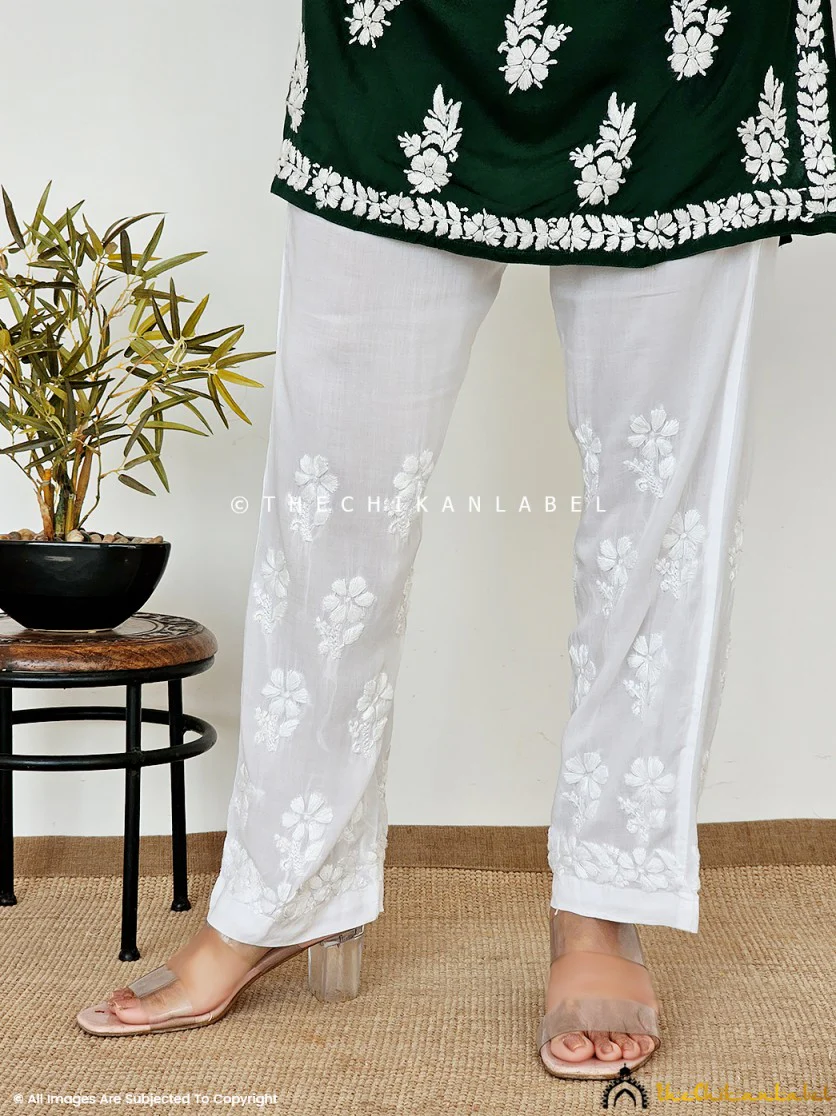 Eram Modal Chikankari Straight Pant - White - Image 2