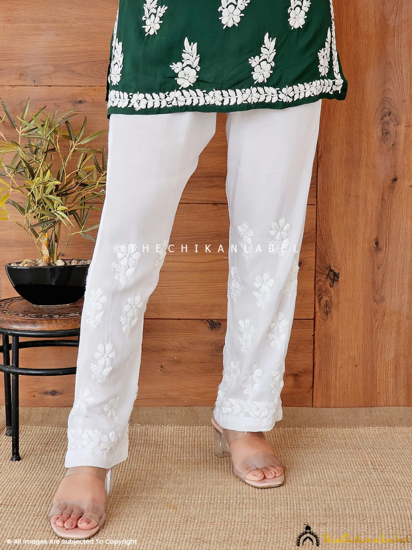 Eram Modal Chikankari Straight Pant - White - Image 3