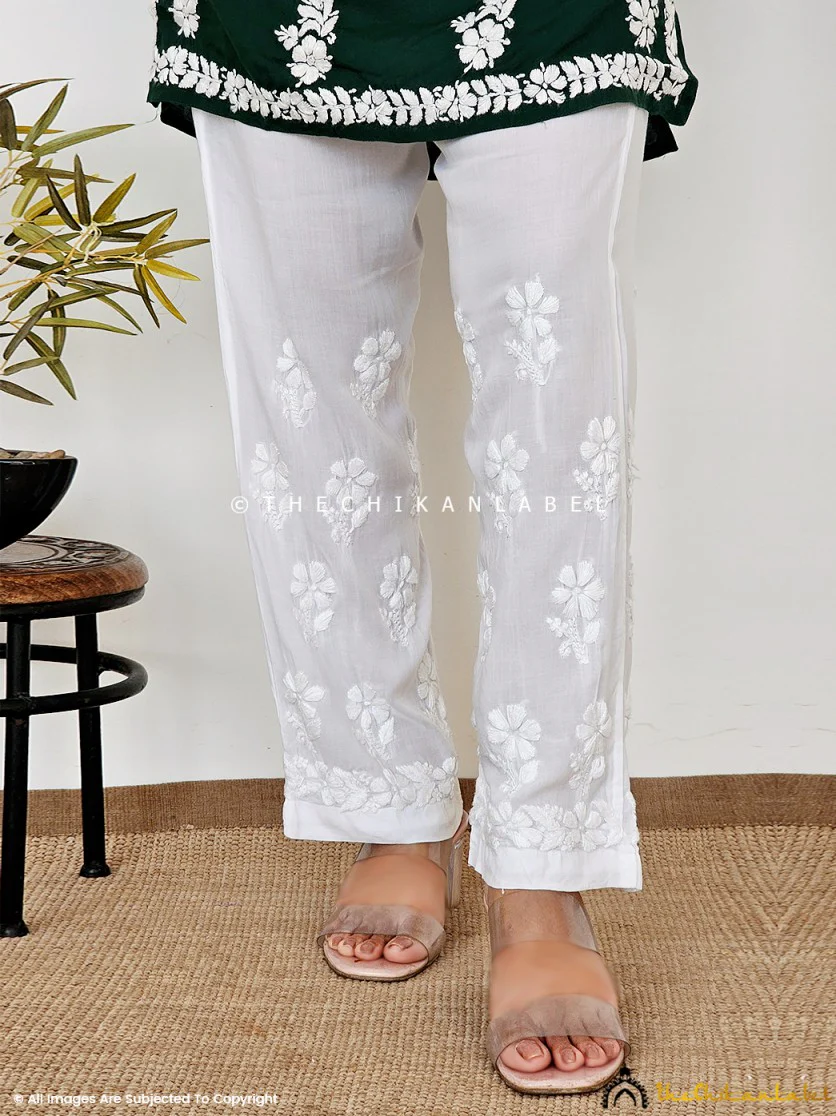 Eram Modal Chikankari Straight Pant - White - Image 4