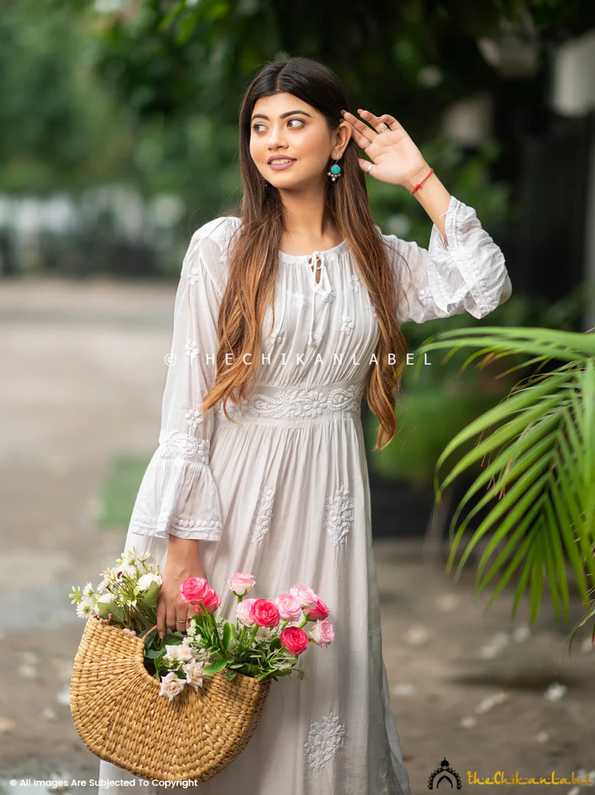 White Ezzah Muslin Chikankari Tunic Dress - Image 10