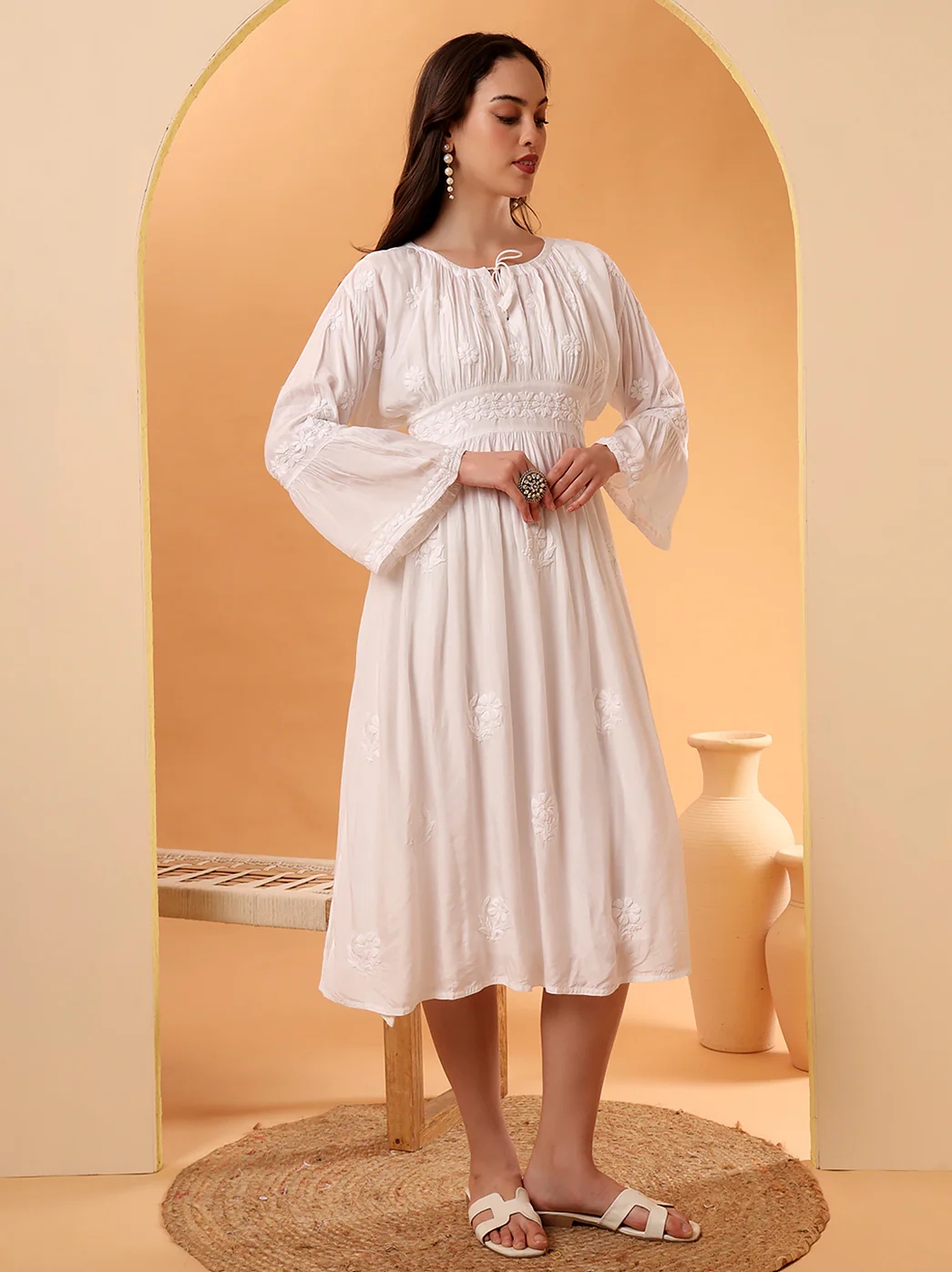 White Ezzah Muslin Chikankari Tunic Dress - Image 3