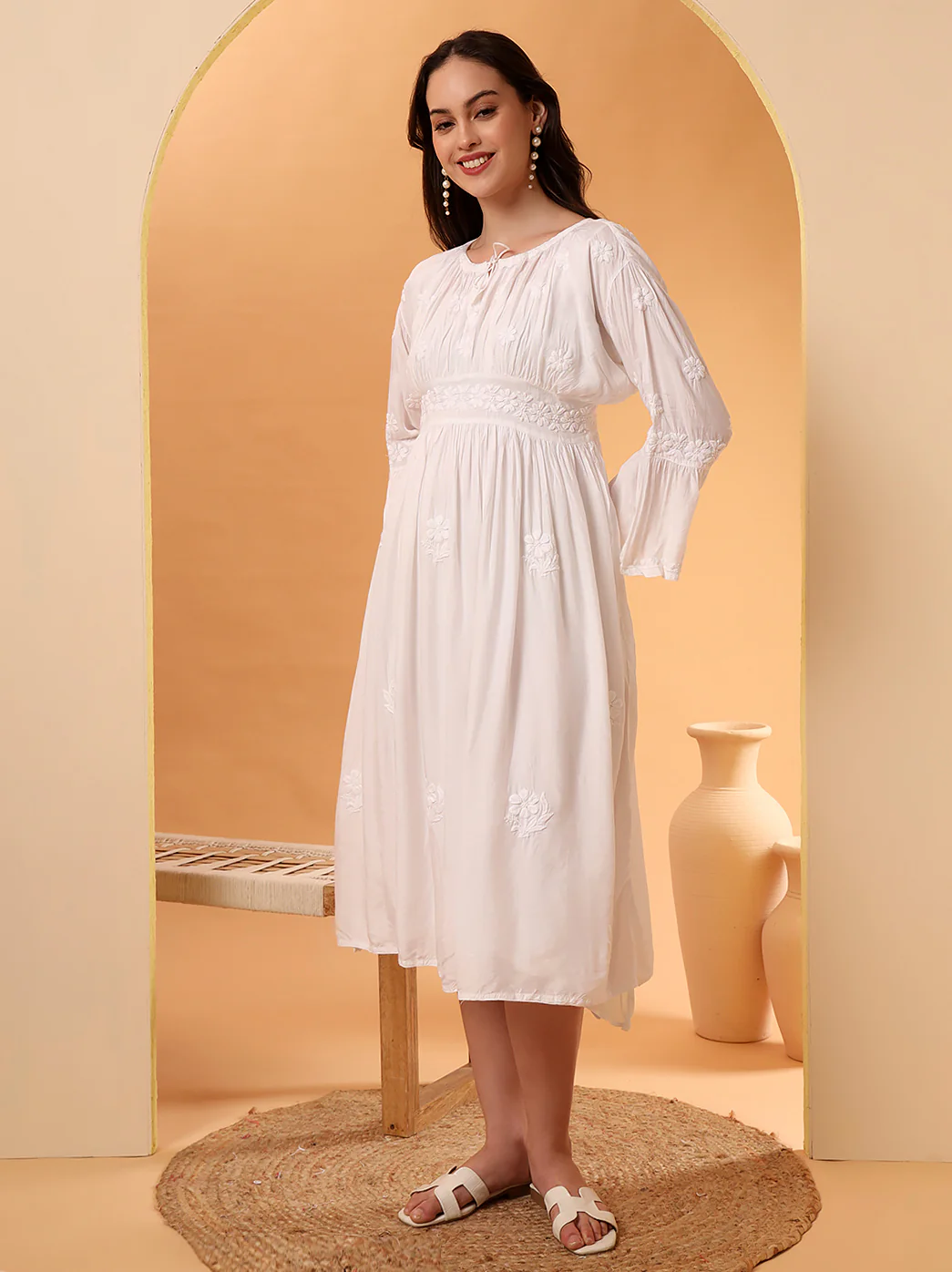 White Ezzah Muslin Chikankari Tunic Dress - Image 4