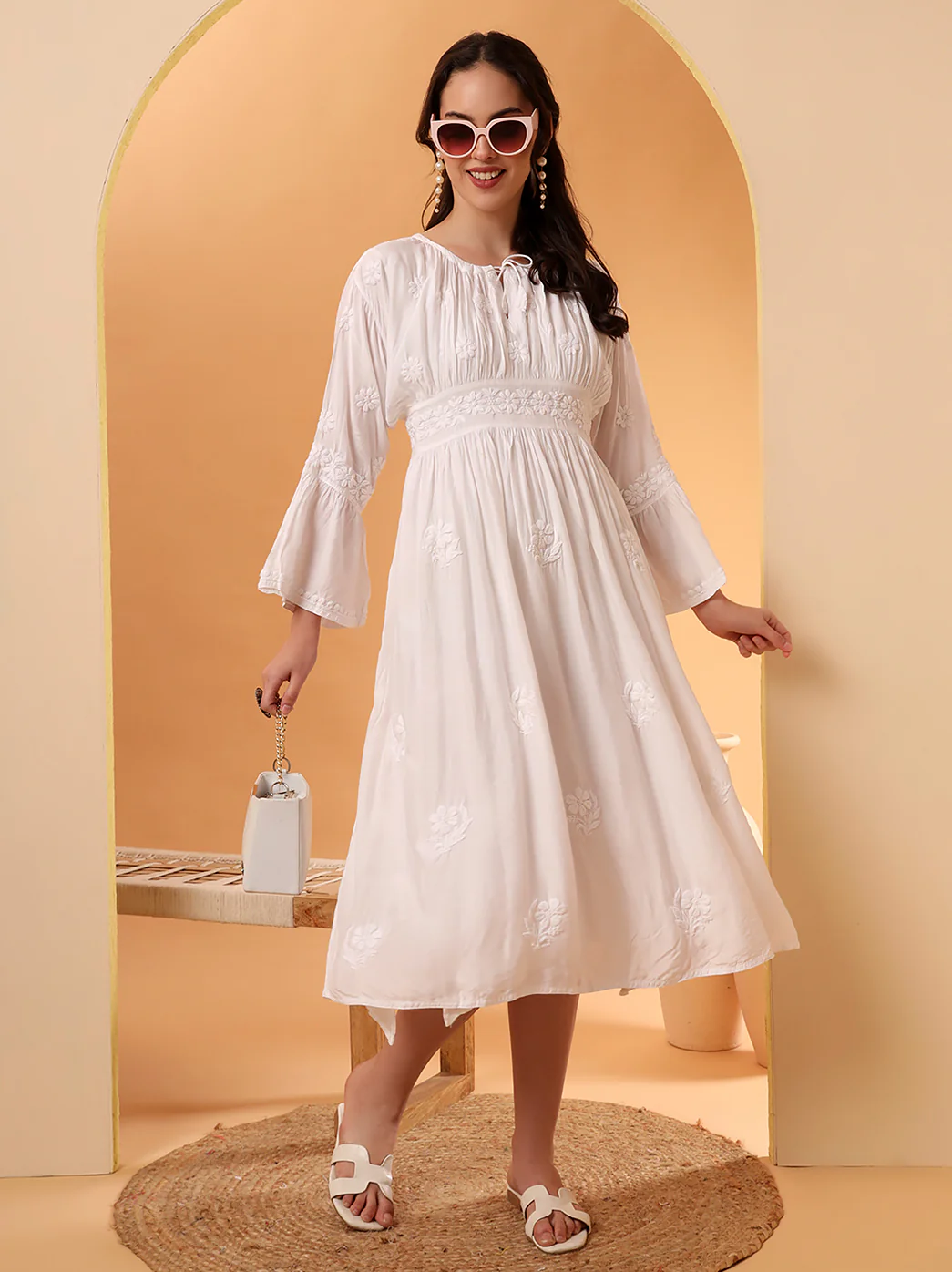 White Ezzah Muslin Chikankari Tunic Dress - Image 6