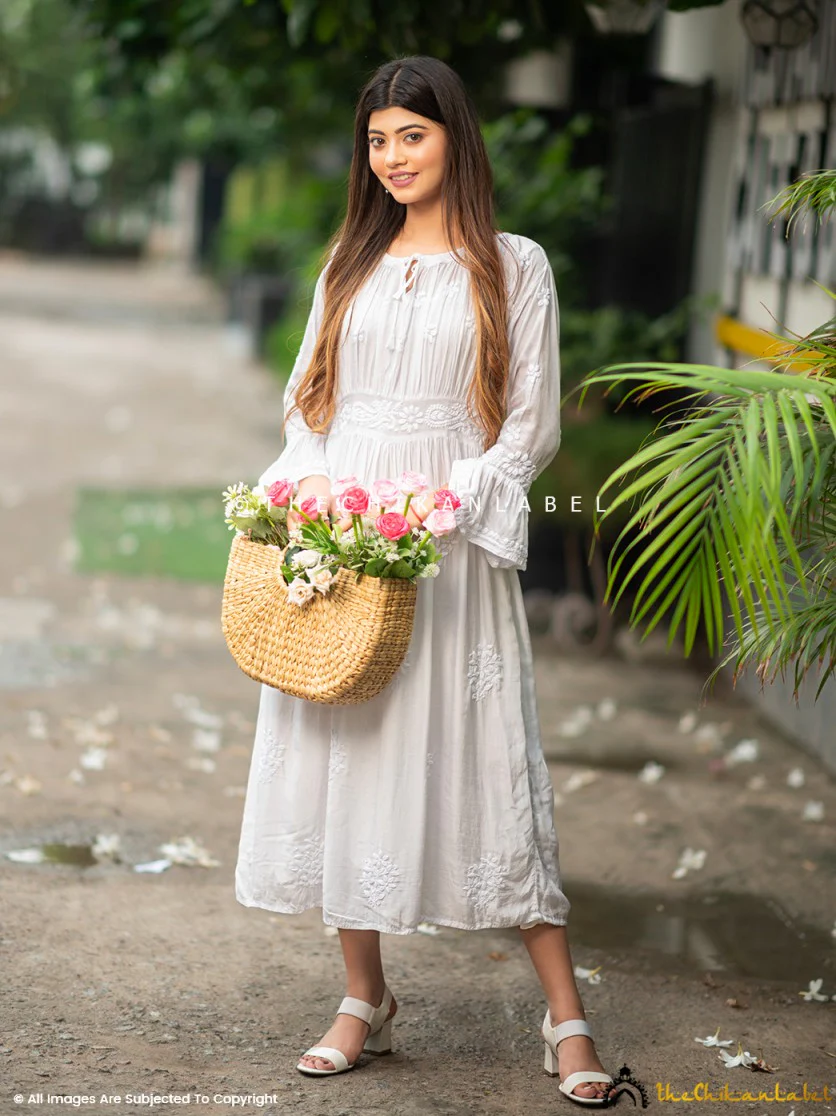 White Ezzah Muslin Chikankari Tunic Dress - Image 7