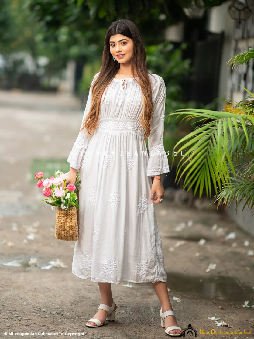 White Ezzah Muslin Chikankari Tunic Dress - Image 8