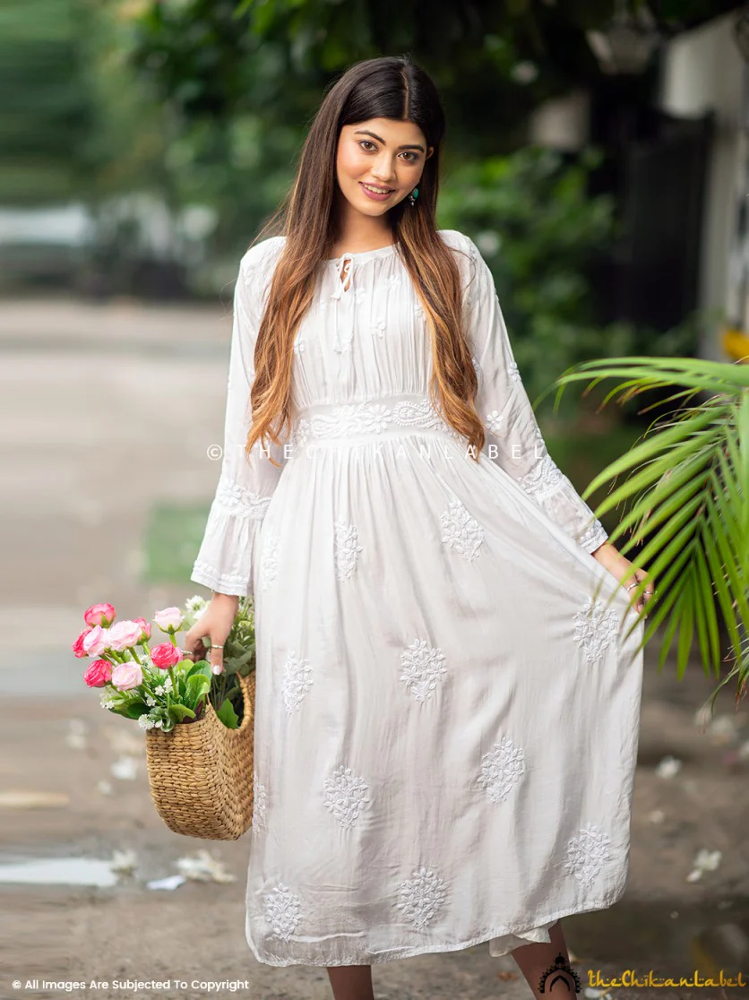 White Ezzah Muslin Chikankari Tunic Dress - Image 9