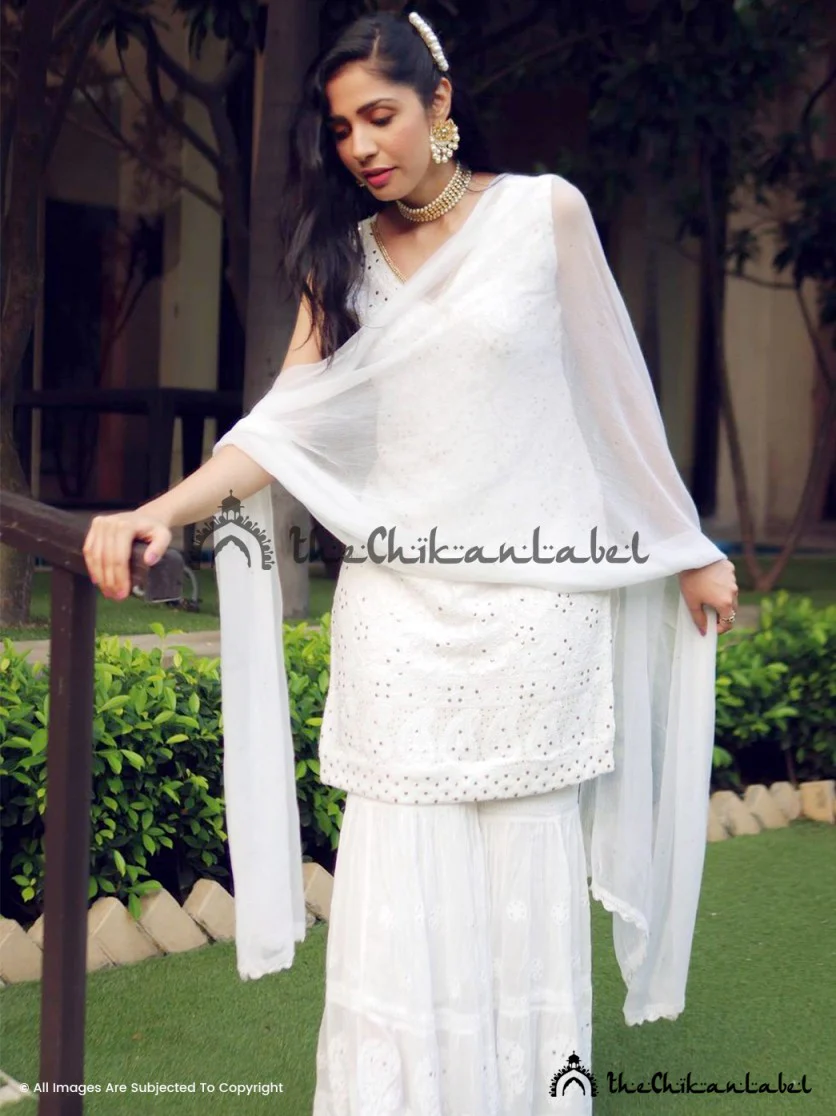 White Fanaa Viscose Chikankari Sleeveless Kurta Garara Set - Image 3