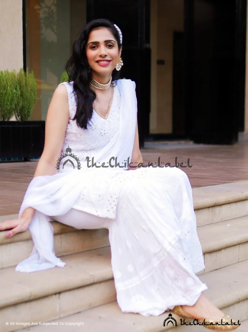 White Fanaa Viscose Chikankari Sleeveless Kurta Garara Set - Image 4