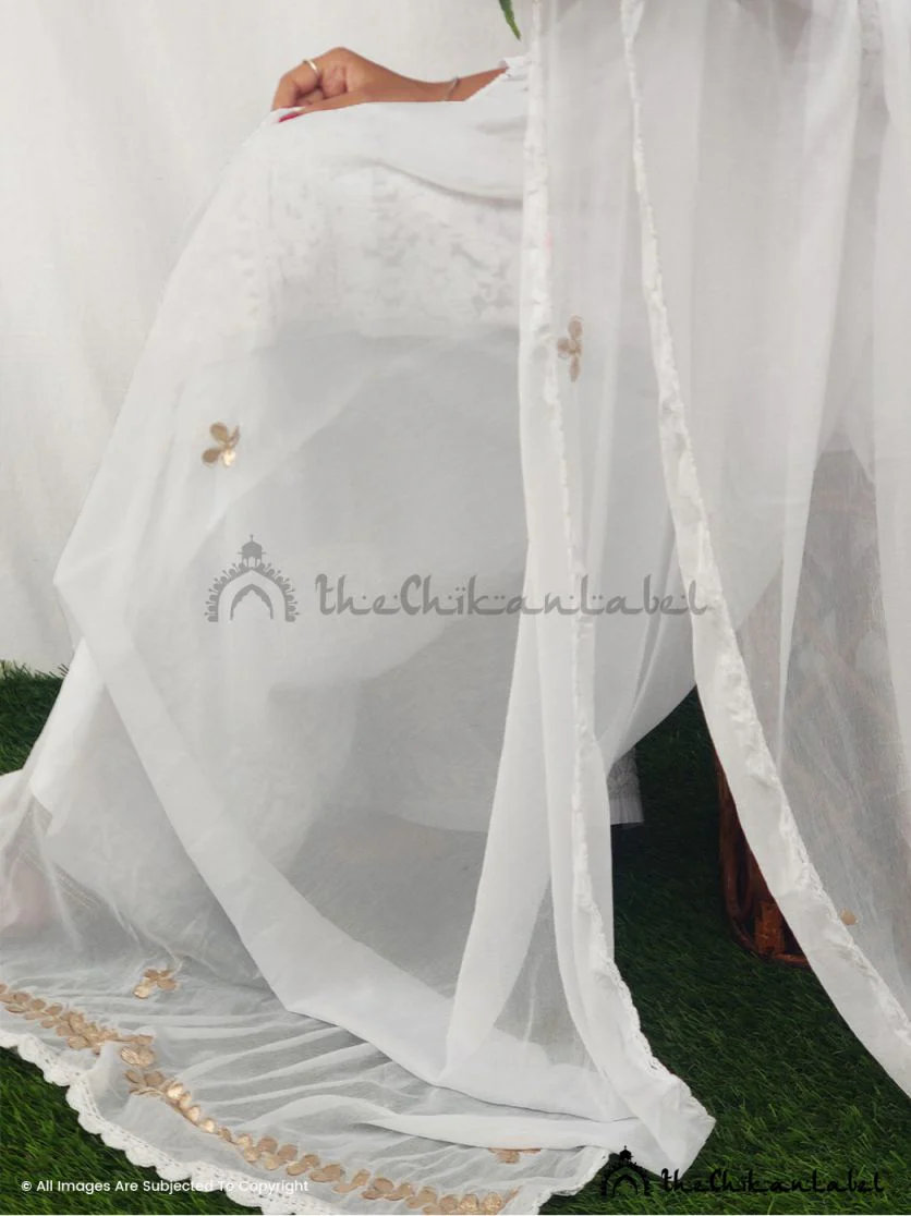 White Georgette Gota Patti Chikankari Dupatta Lucknawi Chikan - Image 3