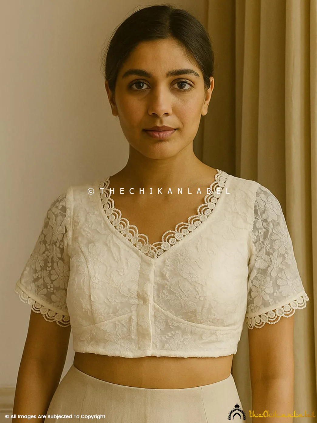 Georgette Half Sleeve Chikankari Blouse For Saree - White - Image 4