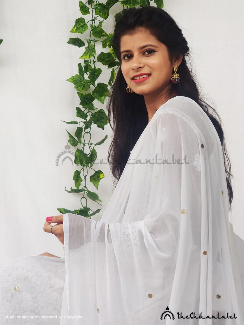 White Georgette Mukaish Chikankari Dupatta Lucknawi Chikan - Image 3