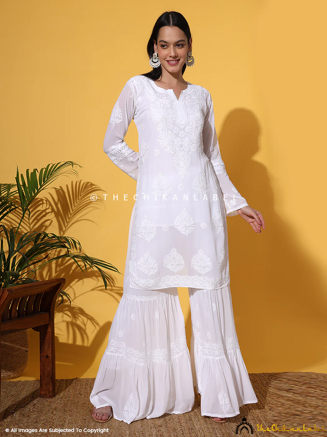 White Giva Viscose Chikankari Kurti Garara Set with Dupatta - Image 6