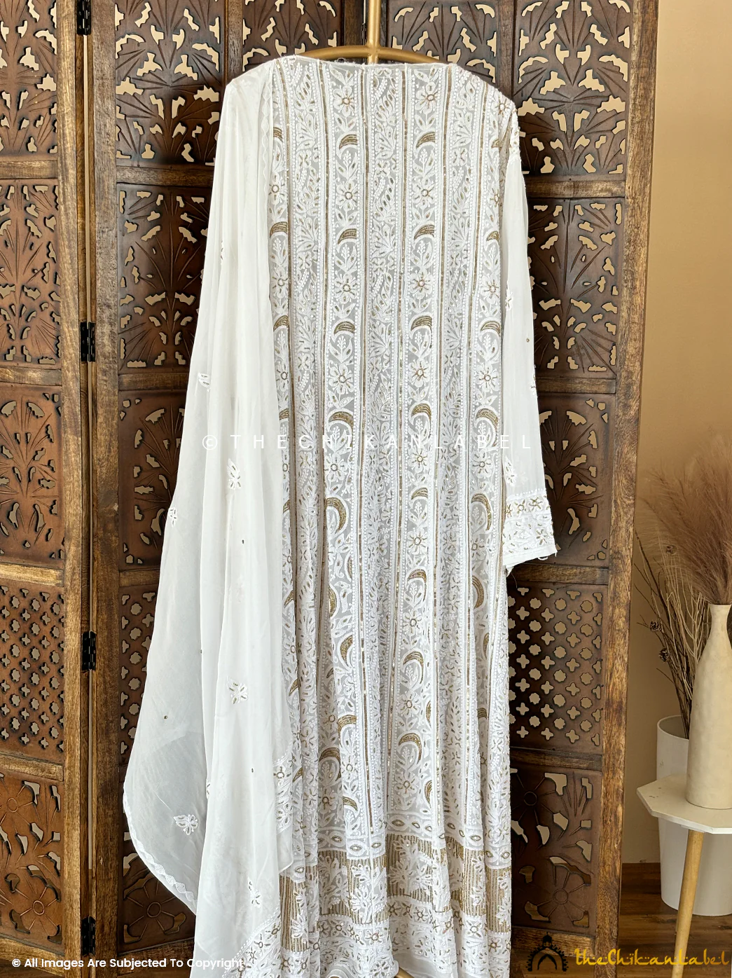 White Hrida Viscose Chikankari Un-Stitched Anarkali with Dupatta - Image 3