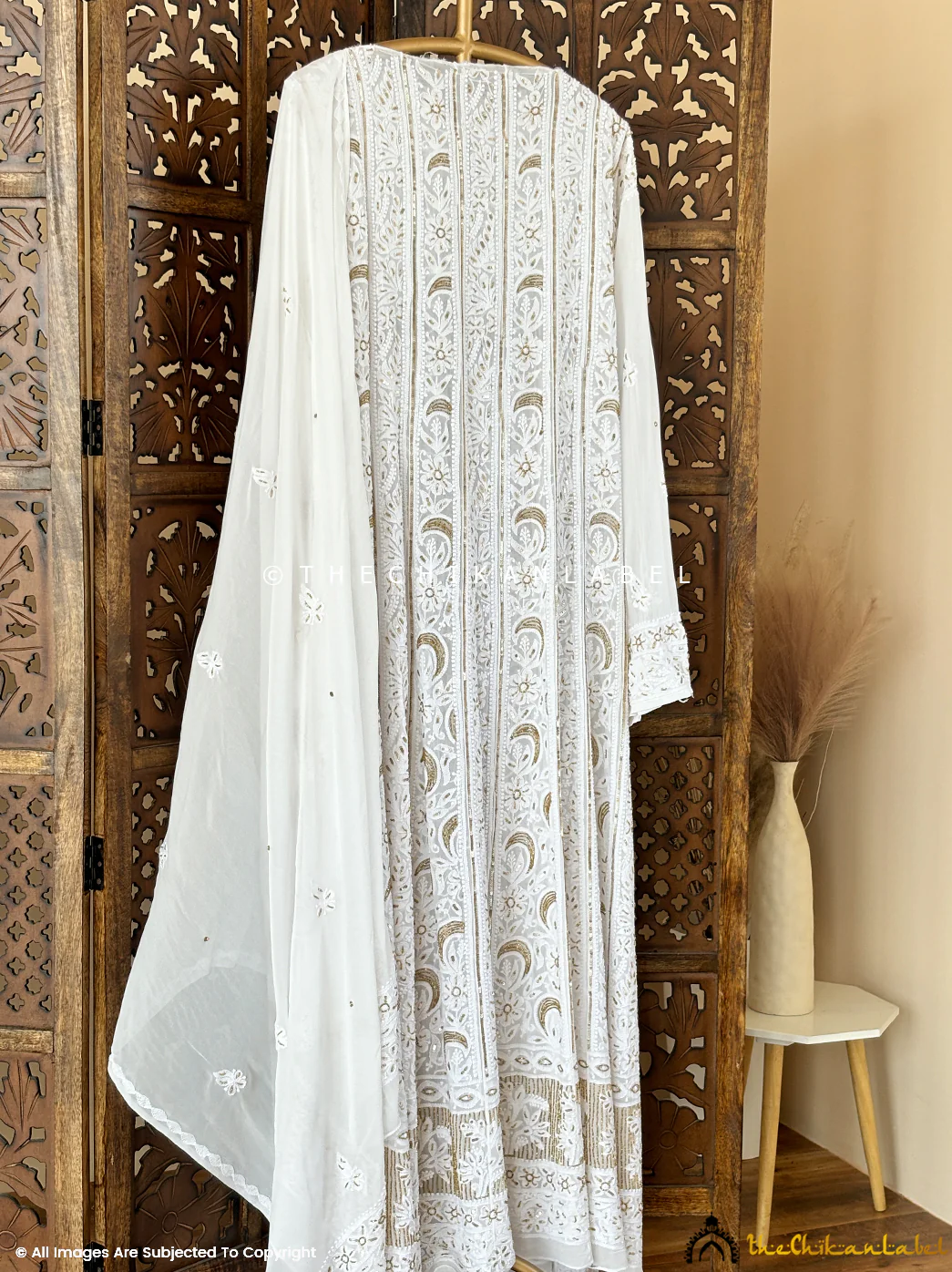 White Hrida Viscose Chikankari Un-Stitched Anarkali with Dupatta - Image 4