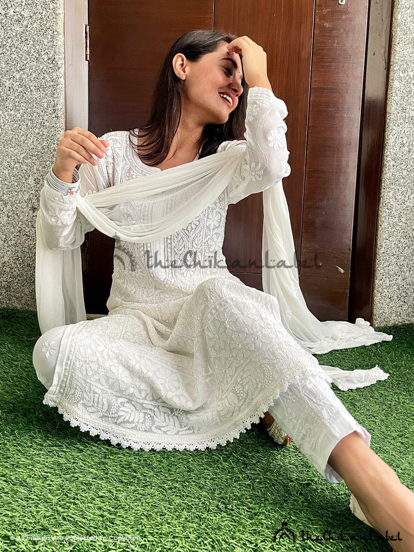 White Inara Viscose Chikankari Straight Kurta Set - Image 3