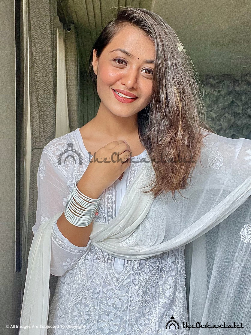 White Inara Viscose Chikankari Straight Kurta Set - Image 4
