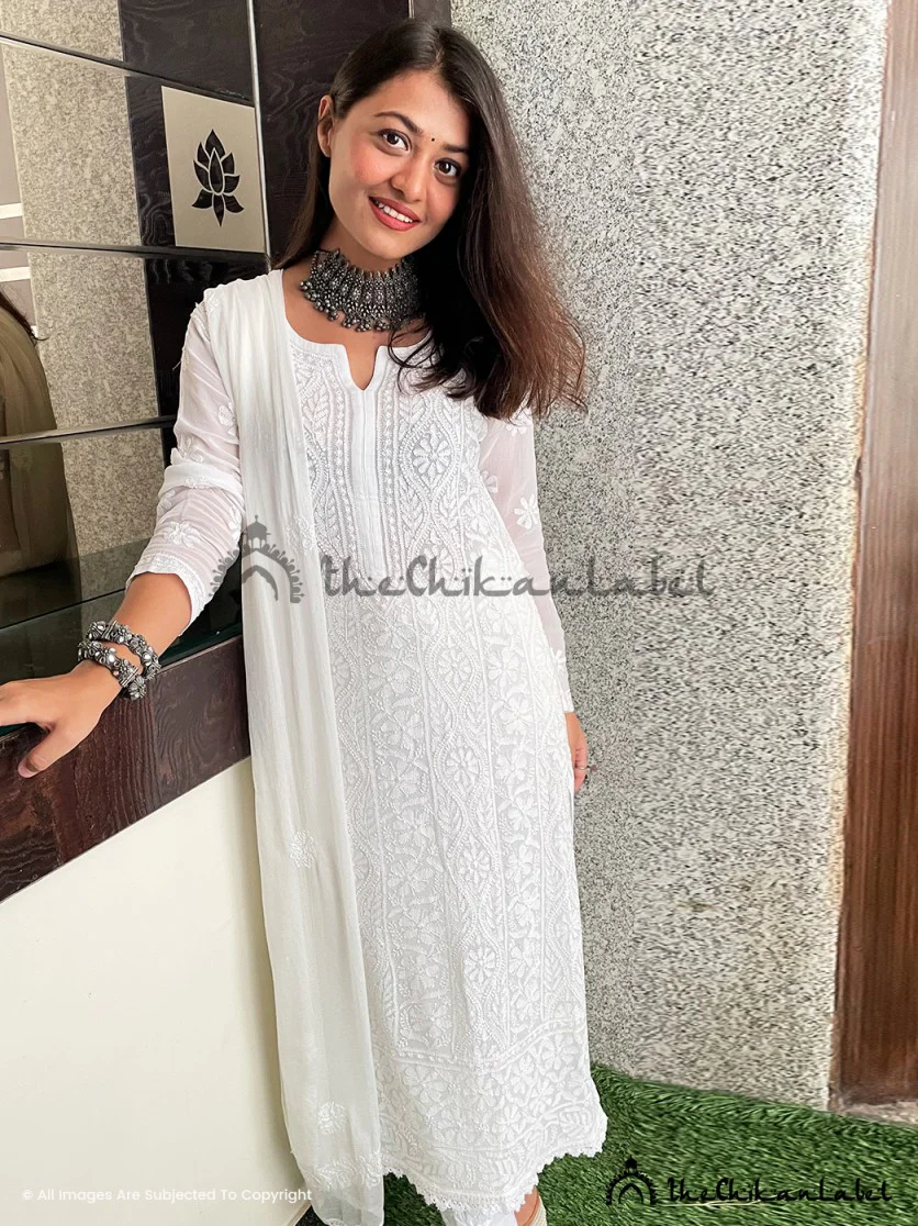 White Inara Viscose Chikankari Straight Kurta Set - Image 5
