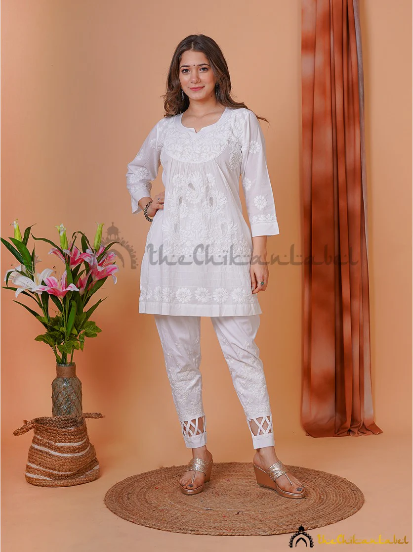 White Ira Cotton Chikankari Net Work Tunic Top - Image 3