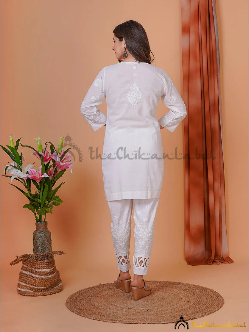 White Ira Cotton Chikankari Net Work Tunic Top - Image 4