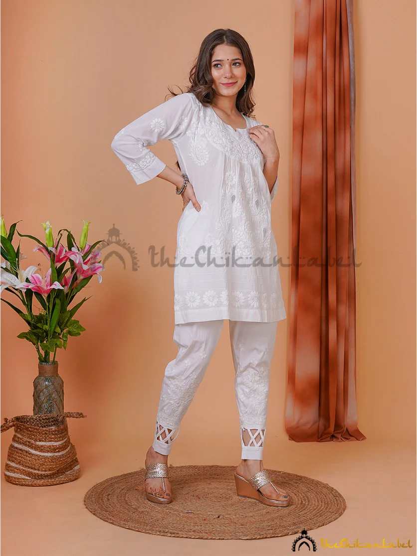 White Ira Cotton Chikankari Net Work Tunic Top - Image 5