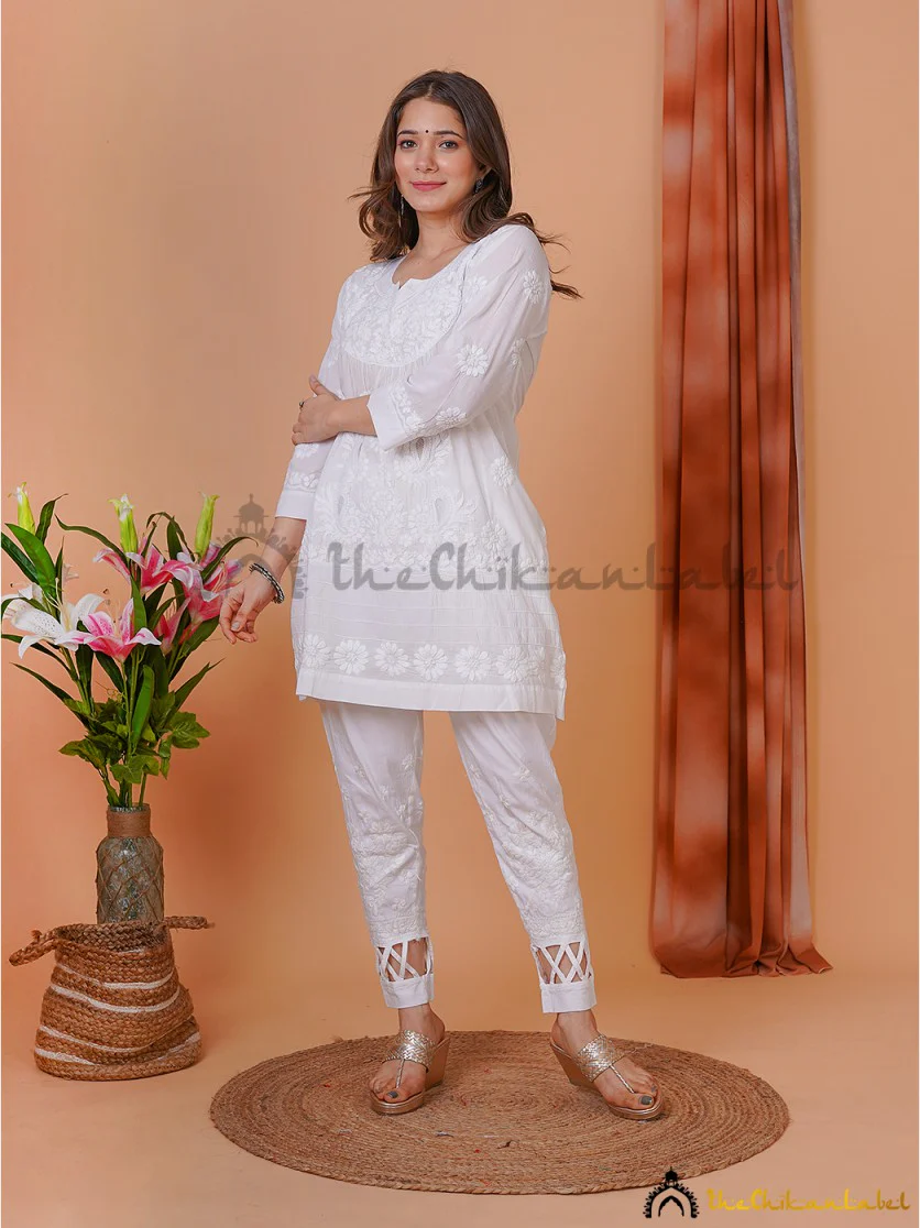 White Ira Cotton Chikankari Net Work Tunic Top - Image 6