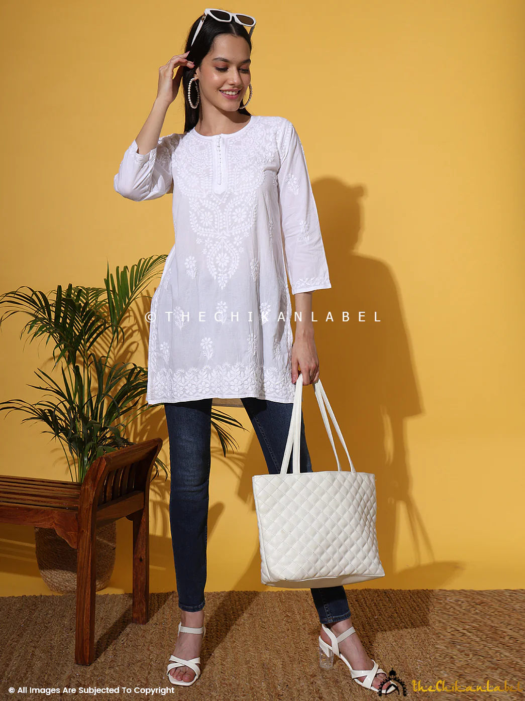 White Ira Cotton Chikankari Short Kurta - Image 11